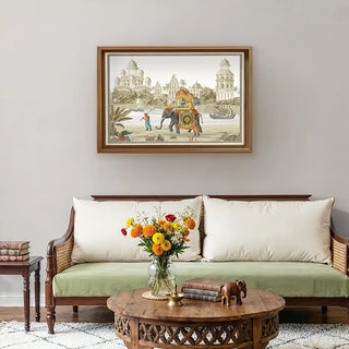 Safar Vintage Indian Painting Wall Art displayed above a traditional wooden sofa with floral decor, bringing old-world charm and cultural warmth to interiors.