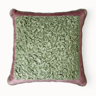 Sage  Cushion Cover: Front view of the green and pink ruched velvet cushion.
