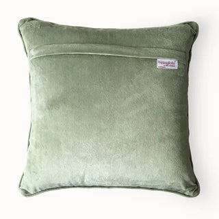Sage Cushion Cover: Back view showing the smooth, plain Pink velvet fabric and quality tag.