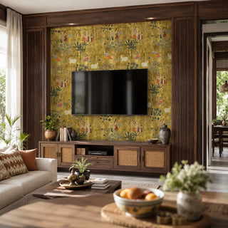 This living space is a masterclass in Traditional Elegance meets Modern Functionality, centered around a breathtaking accent wall featuring Radha Krishna motifs on a shimmering gold foil backdrop. The intricate, Pichwai-inspired artistry creates a regal, spiritual focal point, beautifully framed by a bespoke dark walnut TV console with fluted wood and cane-webbing details. view-tvpanel
