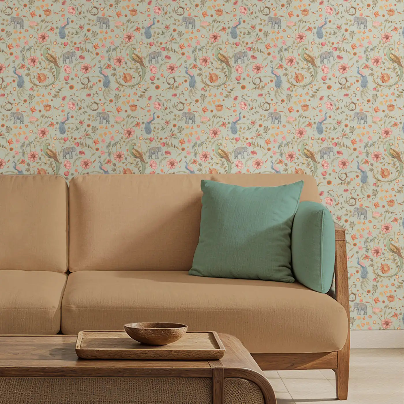 Sanjhi Indian wallpaper in sage mist colour in a styled bedroom