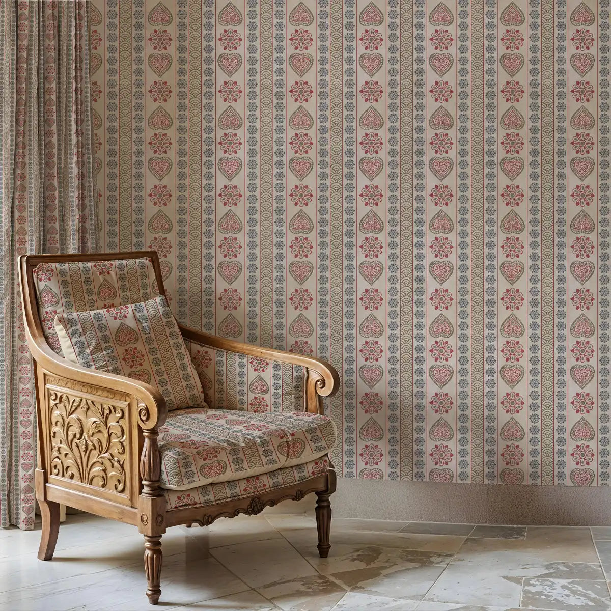 Sarangi Indian block print repeat pattern wallpaper in beige in a styled living room