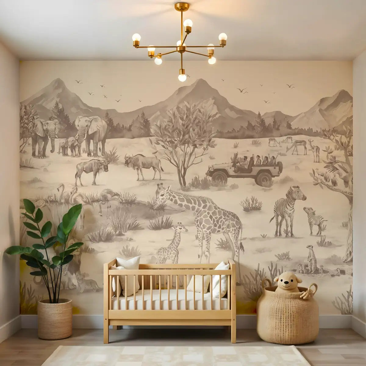 Savanna Jungle theme Sepia Color Kids Room Wallpaper