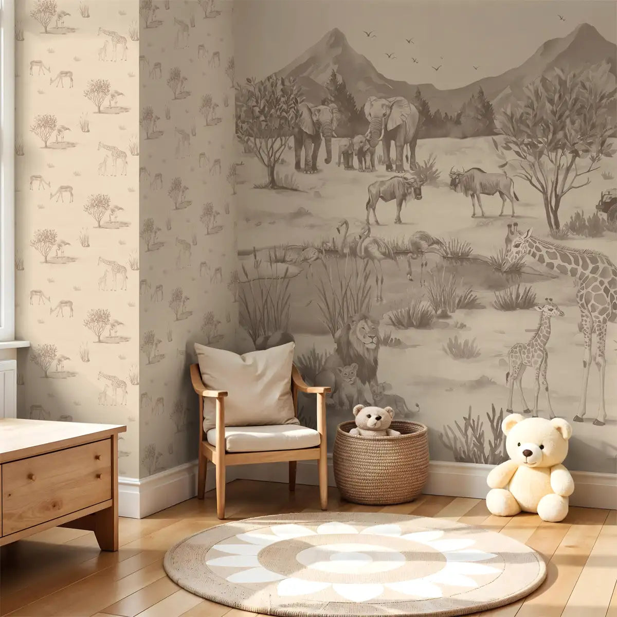 Savanna Jungle theme Sepia Color Kids Room Wallpaper