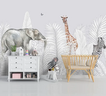 Jungle Animals in White Background, Kids Rooms Customised Wallpaper