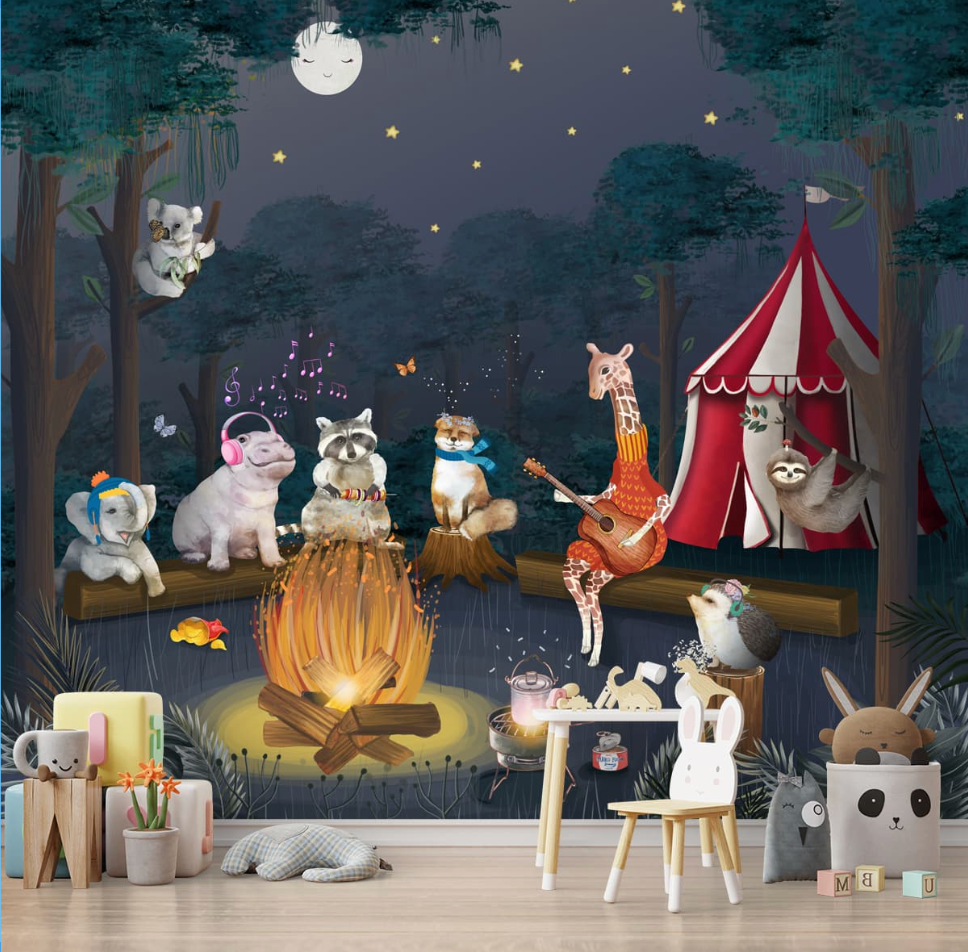 Bonfire Jungle Animals Wallpaper For Toddlers, Kids Room
