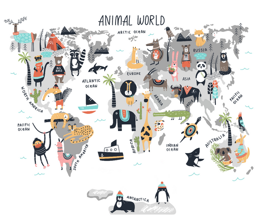 Animals World Map, Cute Kids Room Wallpaper