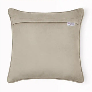 Sage Center Ruched Cushion Cover: Back view showing the smooth, plain beige velvet fabric and quality tag.
