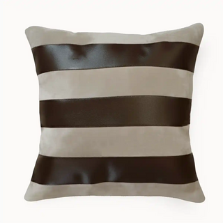 The front view of a cushion cover featuring broad alternating stripes of mocha brown and beige velvet, creating a sleek and modern look with a soft sheen finish.