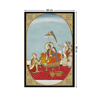 Shri Ram Parivar Indian Painting Frameless Digital Print Poster in 60x90cm, portraying divine serenity through fine brushwork and ornate Mughal-inspired detailing.