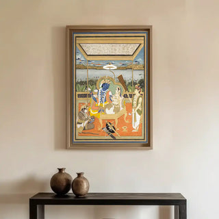 Shri Ram Parivar Indian Embroidered Wall Art displayed above a minimalist console with clay vases, adding divine grace and traditional artistry to the space.