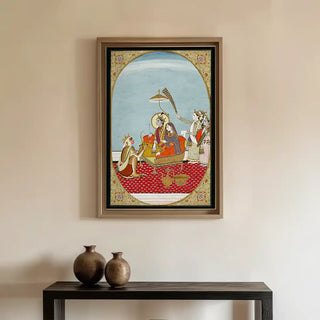 Shri Ram Parivar Indian Painting Wall Art above a wooden console with brass décor, evoking a divine aura in modern interiors.