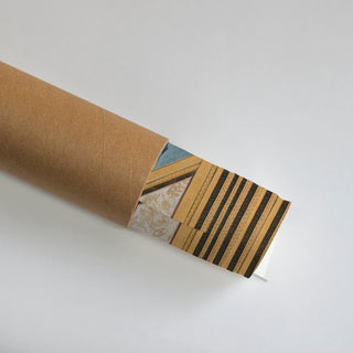 Rolled Shri Ram Parivar Indian Embroidered Wall Art Poster showing golden striped borders and fine textile-inspired motifs, ideal for devotional and heritage interiors.