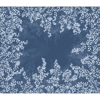 The full pattern view of the Silent Orchard ceiling wallpaper, featuring soft white botanical motifs gracefully spread over a deep blue backdrop for a dramatic and serene look.