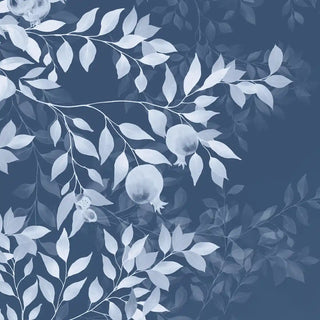 A detailed view of the Silent Orchard ceiling wallpaper showing delicate white leaves and branches on a deep blue surface, evoking a night-sky garden aesthetic.