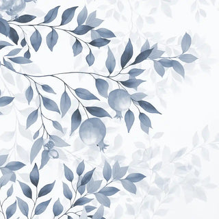 A close-up of the Silent Orchard ceiling wallpaper showing delicate blue-gray leaves and branches on a white base, evoking a peaceful, hand-painted aesthetic.