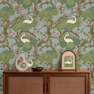 Silk Route Oriental Style Room Wallpaper in Blue Color