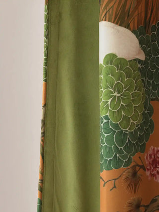 Silk Route Readymade Curtain in Ochre and Sage readymade curtain, macro shot capturing the precise seam where the two primary fabrics meet. It beautifully showcases the striking textural and color contrast between th...