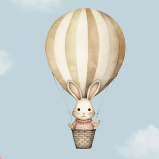 Close-up of Sky Dreams wallpaper showing a bunny in a beige hot air balloon with soft watercolor tones and whimsical details.