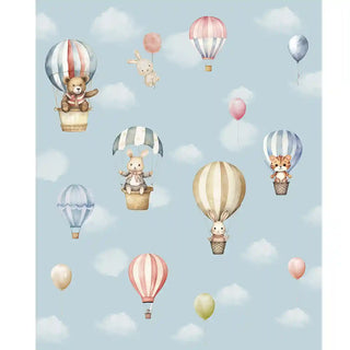 Full pattern of Sky Dreams kids wallpaper showing playful bears, bunnies, and tigers flying in pastel hot air balloons against a light blue sky.