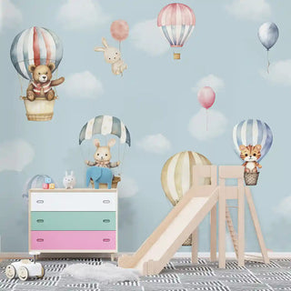Sky Dreams wallpaper featuring adorable animals in hot air balloons above a kids’ study area, creating a cheerful and imaginative learning space.