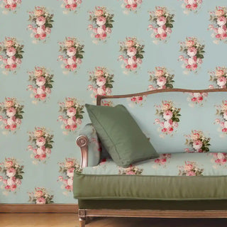 Florid Floral Roll Wallpaper In Blue living room