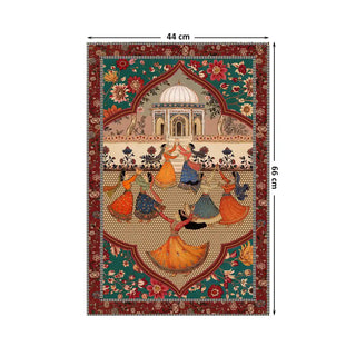 Sorena Wall Art in 44x66cm, showcasing graceful dancers in vibrant attire around a domed palace, enriched with detailed floral patterns and classic Indian artistry.