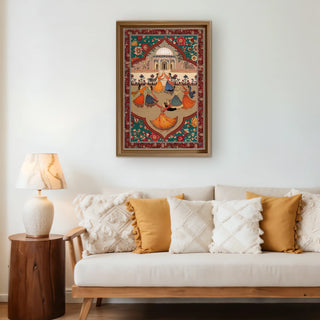 Sorena Wall Art displayed above a soft-toned sofa with textured cushions, blending traditional artistry with modern comfort and elegance.