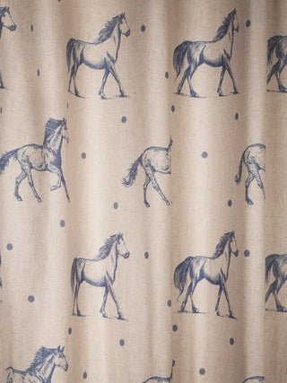 Stallion Readymade Curtain in Linen readymade curtain, focused, flat-lay view of the repeating print on the textured linen ground. The design acts as a catalogue of the pattern, displaying finely sketched, ink-blue h...