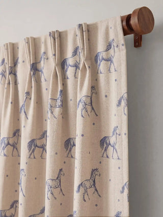 Stallion Readymade Curtain in Linen readymade curtain, detailed close-up of the top header, illustrating the crisp, professional pinch-pleat tailoring. The curtain hangs elegantly from a classic wooden rod, showcasin...
