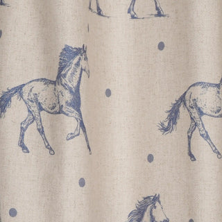 Close-up of Stallion Readymade Curtain showing artistic blue stallion prints on textured beige fabric with fine detailing.