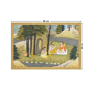 Story of Rama Wall Art in 60x90cm, depicting a serene forest setting where sages converse beside a stream, inspired by classic Indian miniature artistry.