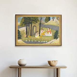 Story of Rama Wall Art showcased above a minimalist console with pottery decor, emphasizing cultural beauty and spiritual depth in home interiors.