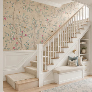 A Staircase with Sunset Serenade, Beige & Teal Chinoiserie Wallpaper Design. view-staircase
