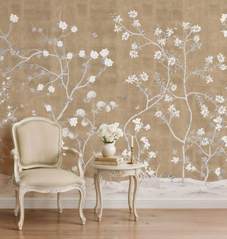 Sunset Serenade, Beige Chinoiserie Wallpaper Design styled in luxurious setup. 