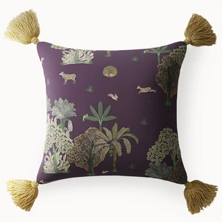 Front View Of Taal Tassle Cushion Cover Finished with golden tassels on each corner