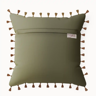 Back View of Tassel Trails Cushion Cover Finished with the edges are lined with small golden tassels all around