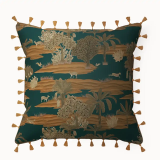 Front View of Tassel Trails Cushion Cover Finished with the edges are lined with small golden tassels all around 