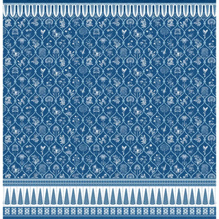 A closer look at the lower border of The Azure Atelier wallpaper, featuring delicate white jali-style arches and fine ornamental detailing against the blue base.