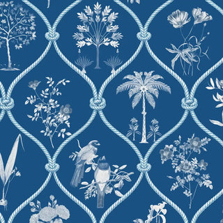 Close-up of The Azure Atelier wallpaper highlighting hand-drawn palm, floral, and architectural motifs arranged in a rhythmic Mughal-inspired pattern.