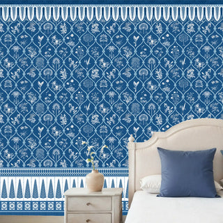 A detailed corner view of The Azure Atelier wallpaper showing its elegant symmetry and repeating floral trellis motifs in crisp white over a rich blue background.