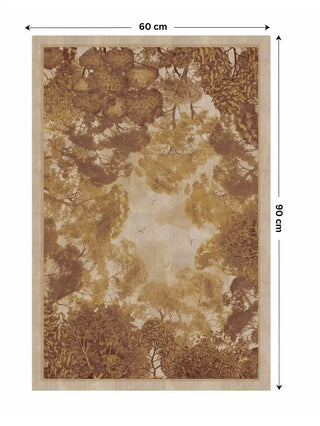 The full sepia and gold forest canopy print is presented with clear dimension lines for smaller sizing options. Arrows mark the artwork at 60 cm wide by 90 cm high.
