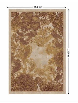 This image features the full artwork depicting a vintage, warm-toned view up into a forest canopy with birds in flight. Dimensional arrows indicate a width of 81.2 cm and a height of 121 cm.