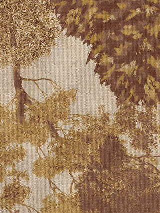 A close-up shot focusing on the fine textured detail of the canvas and foliage rendering. It highlights the intricate leafy branches and warm gold, olive, and burgundy tones.
