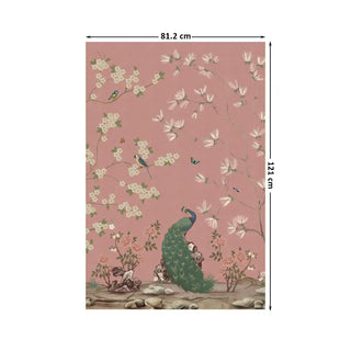 The Gentle Garden European Wall Art featuring a graceful peacock amidst blooming flowers and delicate branches on a soft blush pink background.