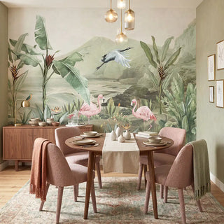 Tropical Jungle mural styled as a feature wall in a master bedroom with sage green bedding and walnut nightstands.