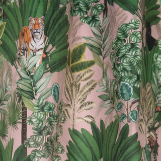 Close-up of Tropical Tales Readymade Curtain highlighting intricate embroidered jungle motifs of tigers, leaves, and toucans.