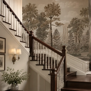 Twilight Haven Vintage European Style Wallpaper in smoky olive, depicting a serene forest scene with classical ruins and a resting panther. view-staircase
