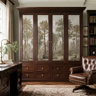 Twilight Haven Vintage European Style Wallpaper in smoky olive, depicting a serene forest scene with classical ruins and a resting panther. view-wardrobe
