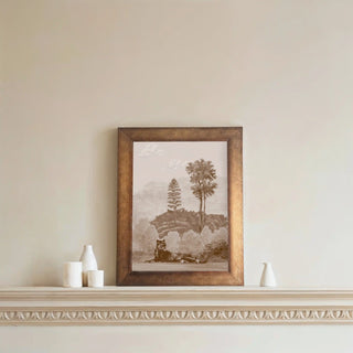 Twilight Haven Wall Art framed in wood, displayed on a wall shelf, adding elegance and freshness to the room décor.